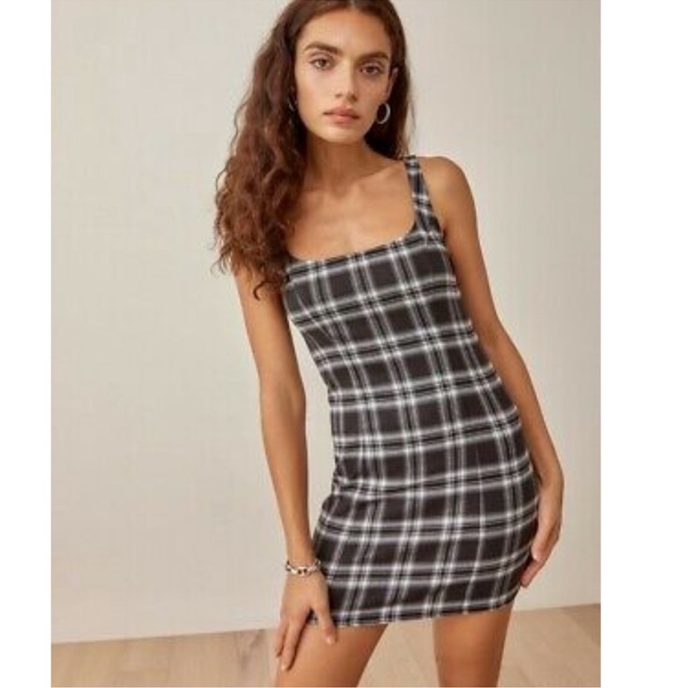 Reformation Bowes Black & White Plaid Dress
